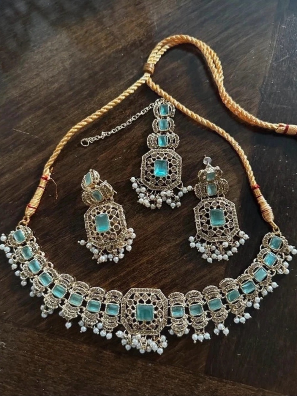 Green Stone Gold-Tone Choker Necklace & Earrings Set